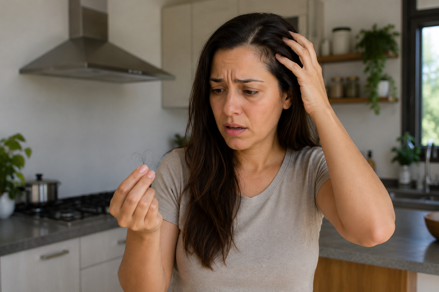 Mujer preocupada por caída de cabello y síntomas de tiroides