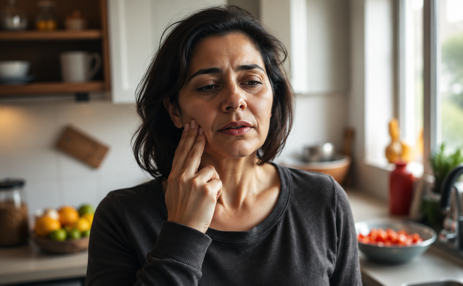 Mujer con síntomas de tiroides mirando su cuello