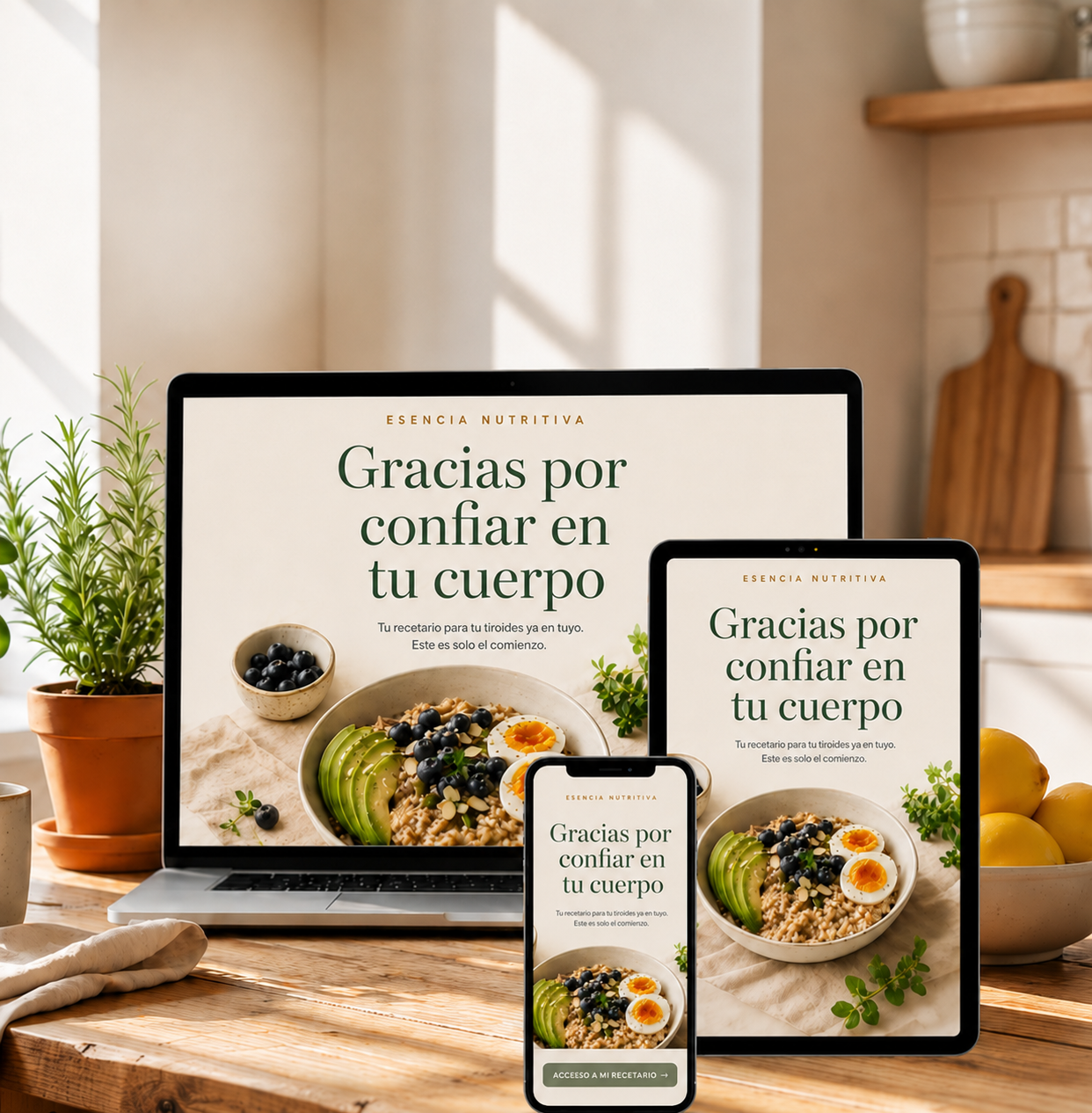 Laptop, tablet y smartphone mostrando la pantalla de agradecimiento del protocolo alimentario