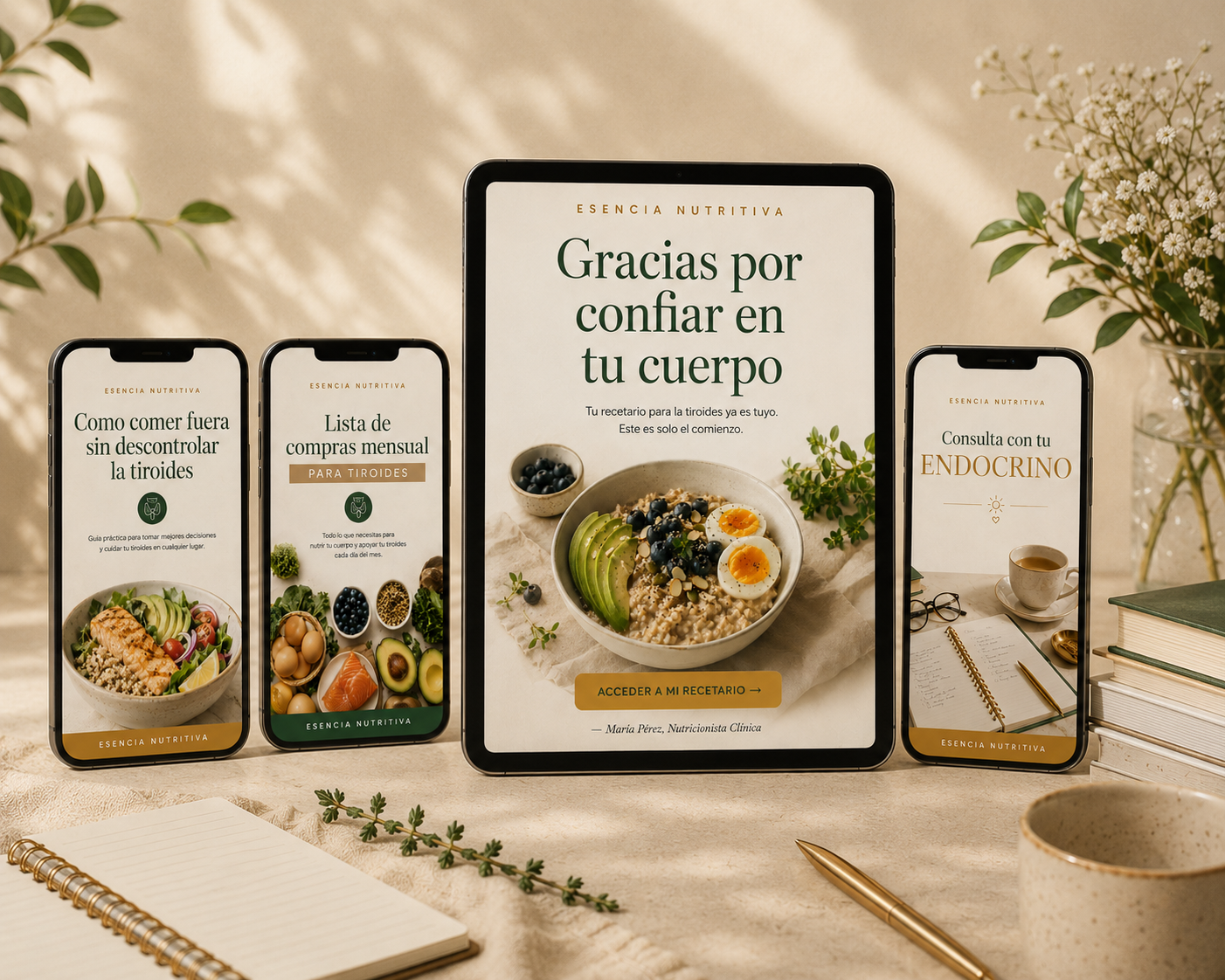 App Esencia Nutritiva en tablet y smartphones: protocolo alimentario y bonos para tiroides