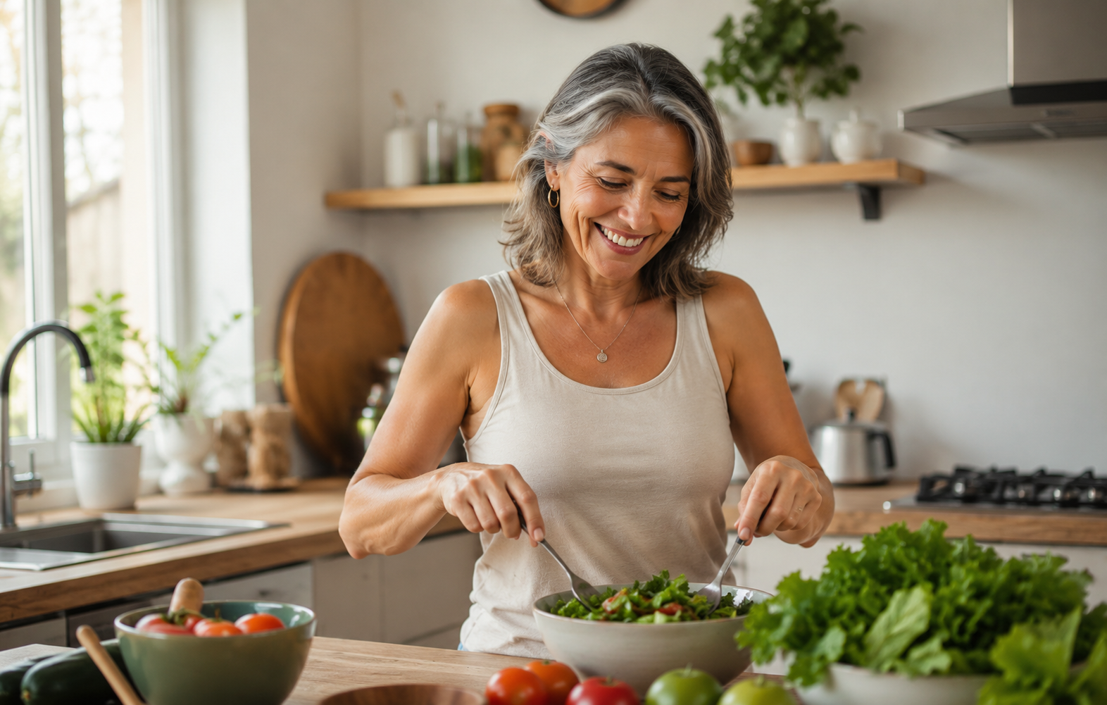 Mujer preparando una comida saludable en su cocina